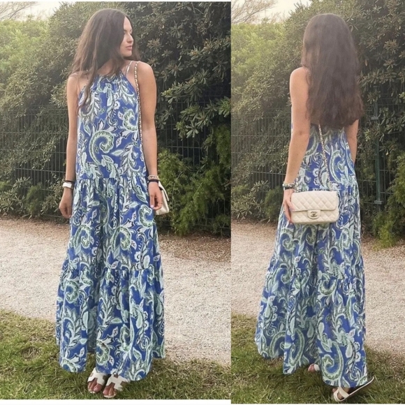 Zara Tiered Floral Print Blue White Cotton Dress Bloggers Favorite - Picture 15 of 16